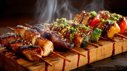 Poster - An artistic shot of assorted yakitori skewers, including chicken thighs, liver, and vegetables, displayed on a rustic wooden board with a drizzle of teriyaki sauce.