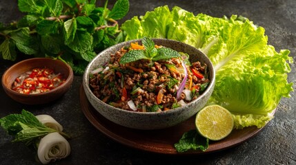Poster - An artistic shot of a bowl of Larb, a spicy minced meat salad, garnished with fresh mint and served with crispy lettuce leaves for a fresh and vibrant look.