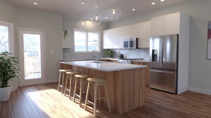 Aufkleber - An artistic shot of a sleek kitchen with clean lines, minimalist cabinetry, and a simple island, showcasing a harmonious blend of functionality and modern design.