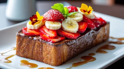 Poster - An artistic shot of honey toast with a thick layer of Nutella, topped with sliced strawberries and bananas, drizzled with honey for a chocolatey delight.