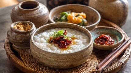 Poster - An artistic shot of hot rice porridge served with a side of pickled vegetables and a small dish of chili paste, creating an inviting and delicious breakfast scene.