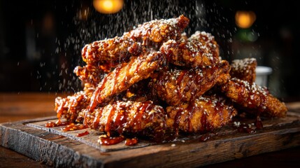 Poster - An artistic shot of Korean fried chicken wings piled high on a rustic wooden platter, drizzled with spicy sauce and sprinkled with sesame seeds, inviting an indulgent feast.
