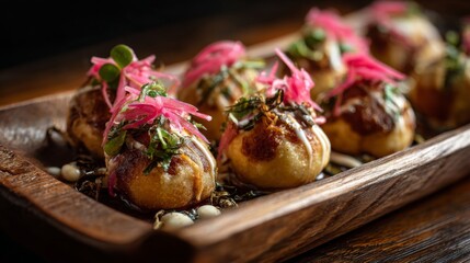 Poster - An artistic shot of takoyaki served on a wooden platter, garnished with pickled ginger and shiso leaves, highlighting the vibrant colors and textures.