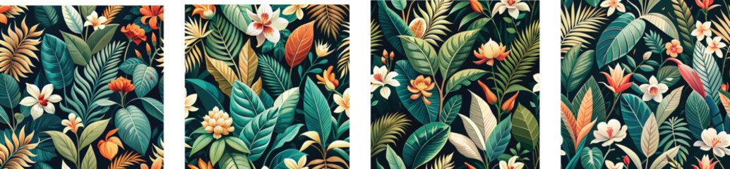   tropical leaves and flowers seamless pattern design vector illustration