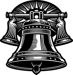 Poster - Bold Black and White Liberty Bell Design with Patriotic Rays, Stars, and Decorative Side Bells for American Symbolism