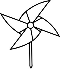 Poster - Stylized Pinwheel Illustration with Bold Outlines Featuring Four Curved Blades and a Simple Stick Stand for Classic Toy Representation