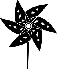 Poster - Whimsical Black and White Pinwheel Illustration with Geometric Details Depicting Childhood Fun and Simple Pleasures Against a Plain Backdrop