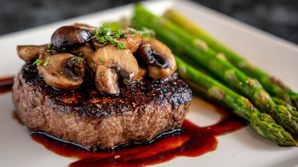 Aufkleber - An elegantly plated steak served with a side of sauted mushrooms and asparagus, drizzled with red wine reduction for a fine dining presentation.