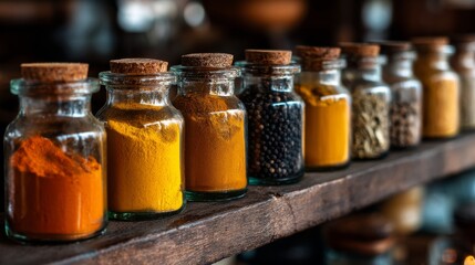 Poster - An elegant display of turmeric, black pepper, and other spices in small glass jars on a wooden shelf, showcasing their colors and textures in a kitchen setting