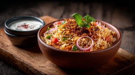 Poster - An inviting image of a bowl of flavorful vegetable biryani, garnished with fried onions and served with raita on the side, showcasing the aromatic rice dish