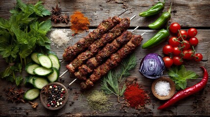Poster - An outdoor scene of kebabs skewered and ready for grilling, arranged on a wooden table surrounded by fresh vegetables and spices for an inviting feel.