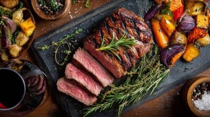 Aufkleber - An overhead shot of a succulent steak sliced open, showing its tender pink center, accompanied by a side of roasted vegetables and a glass of red wine.