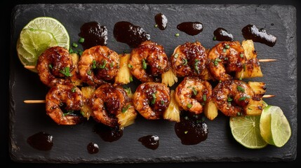 Poster - An overhead shot of skewers of shrimp and pineapple, glazed with barbecue sauce, placed on a dark slate plate with lime wedges for a tropical touch.