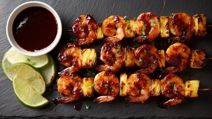 Poster - An overhead shot of skewers of shrimp and pineapple, glazed with barbecue sauce, placed on a dark slate plate with lime wedges for a tropical touch.