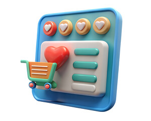 Poster - 3d stylized shopping cart with heart icons and list items isolated on transparent background
