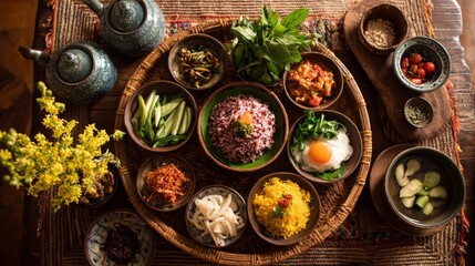 Poster - An overhead view of  served with an assortment of Thai condiments and side dishes, creating a colorful and appetizing spread on a traditional Thai dining table.