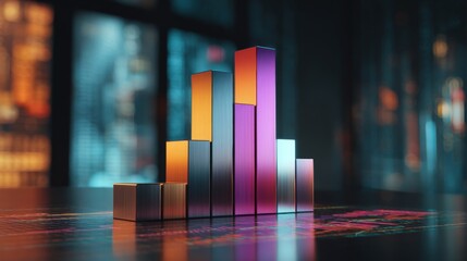 Poster - A D bar chart with metallic, gradient bars rising from a financial graph, showing growth and progress, with a modern digital interface in the background