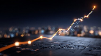 Poster - A D financial line graph with smooth, curving lines connecting glowing points, showing a steady upward trend against a dark digital landscape