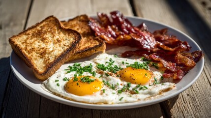 Poster - A breakfast plate with crispy bacon, fried eggs, and fresh toast, arranged on a rustic wooden table with natural light.