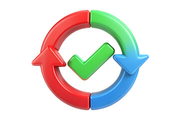 Poster - Three color arrows forming a circle with a green checkmark inside isolated on transparent background