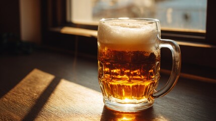 Poster - A classic beer mug filled with cold, golden beer and a thick layer of foam, resting on a wooden table with the sunlight casting a warm glow.
