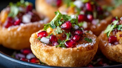 Poster - A close-up of a crispy pani puri filled with a spicy mixture, topped with pomegranate seeds and fresh herbs, showcasing the dish's vibrant colors and textures.