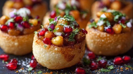 Poster - A close-up of a crispy pani puri filled with a spicy mixture, topped with pomegranate seeds and fresh herbs, showcasing the dish's vibrant colors and textures.