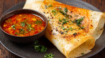 Poster - A close-up of a dosa served with a drizzle of ghee, garnished with chopped coriander and accompanied by a bowl of spicy sambar, highlighting the dish's richness.