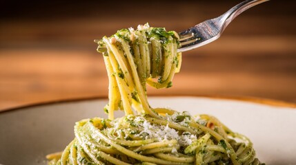 Poster - A close-up of a fork twirling spaghetti noodles coated in a rich pesto sauce, with a sprinkle of pine nuts and Parmesan cheese, set against a wooden table.