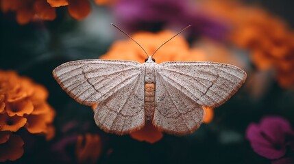 Aufkleber - A close-up of a moth resting on a flower petal, showcasing its soft wings and natural colors against the vibrant background of blooming flowers