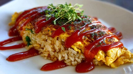 Poster - A close-up of a perfectly cooked omurice with a fluffy omelet draped over savory fried rice, garnished with ketchup and fresh herbs on a white plate.