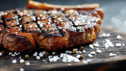 Poster - A close-up of a perfectly grilled ribeye steak with distinct grill marks, placed on a dark wooden board with coarse salt and pepper scattered around