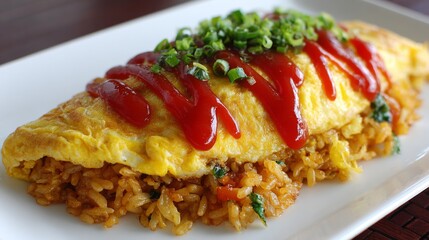 Poster - A close-up of a perfectly cooked omurice with a fluffy omelet draped over savory fried rice, garnished with ketchup and fresh herbs on a white plate.