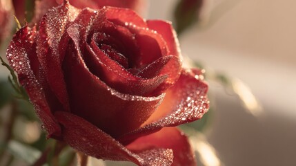 Aufkleber - A close-up of a single red rose covered in delicate water droplets, with the petals glistening under soft sunlight, creating a romantic and fresh atmosphere.