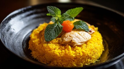 Aufkleber - A close-up of fragrant yellow rice of Khao Mok Gai, topped with juicy chicken, showcasing the rich spices and flavors that define this traditional Thai dish.