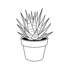 Poster - A line drawing of a potted aloe vera plant with pointed leaves in a simple ceramic pot illustration