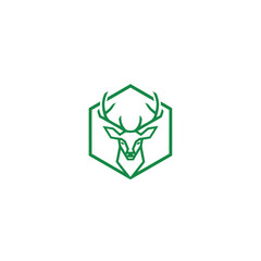 Poster - Green geometric deer head logo design inside a hexagon shape on a white background illustration