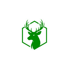 Poster - A green deer head silhouette with antlers inside a green hexagon frame on a white background