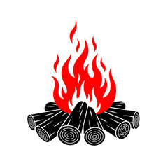 Poster - A stylized illustration of a campfire with red flames and black logs on a white background