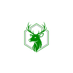 Poster - Green deer head with antlers inside a hexagon frame on a white background graphic illustration