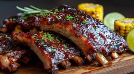 Poster - A close-up of tender, fall-off-the-bone pork ribs with a deep barbecue glaze, served on a wooden board with herbs, lime wedges, and roasted corn on the side.