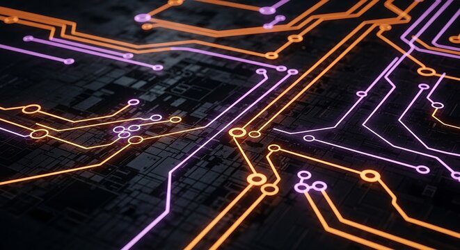 Abstract Circuit Board Design: Neon Glowing Lines and Connections