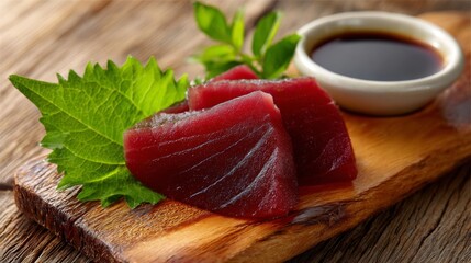 Poster - A close-up view of a piece of vibrant tuna sashimi delicately placed on a traditional wooden board, garnished with shiso leaves and a side of soy sauce.