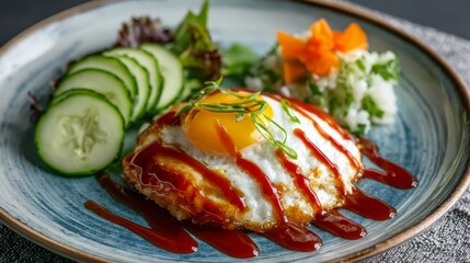 Aufkleber - A colorful shot of omurice with a sunny-side-up egg on top, drizzled with a sweet and tangy sauce, served alongside a fresh cucumber salad.