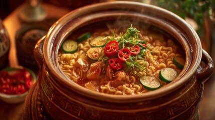 Poster - A cozy arrangement of a Korean ramyeon hotpot served in a traditional clay pot, garnished with sliced chili and fresh herbs, creating an appetizing and inviting look.