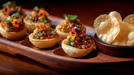 Poster - A cozy arrangement of pani puri served with a side of crispy papad, highlighting a delicious and satisfying Indian snack experience with colorful garnishes.