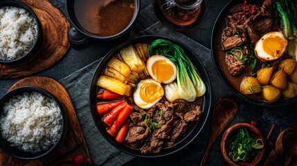Poster - A cozy arrangement of sukiyaki served in individual bowls with a side of rice, emphasizing a delicious and comforting Japanese meal with fresh ingredients.