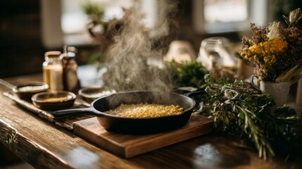 Poster - A cozy setup showcasing a bubbling skillet of cheese corn with steam rising, placed on a wooden table alongside fresh herbs and dipping sauces for an inviting presentation.