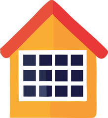 Poster - Simple cartoon house illustration with a red roof and a large window featuring multiple dark blue panes on a white background