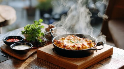 Poster - A cozy setup showcasing a bubbling skillet of cheese corn with steam rising, placed on a wooden table alongside fresh herbs and dipping sauces for an inviting presentation.